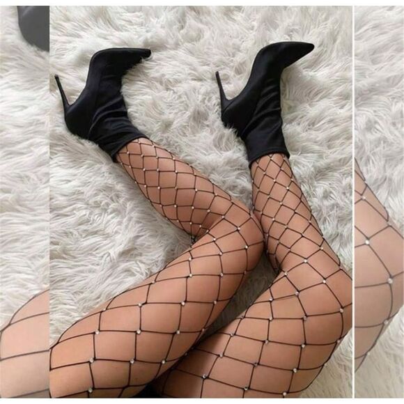 No Brand Accessories - Rhinestone Studded Fishnet Tights